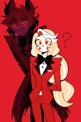  1boy 1girl ? alastor_(hazbin_hotel) arms_behind_back behind_another blonde_hair charlie_morningstar colored_sclera colored_skin commentary evil_smile formal_clothes glitch hazbin_hotel height_difference hellaverse highres long_hair meganeee31 monochrome red_background red_eyes red_hair red_theme short_hair smile suit white_skin yellow_sclera 