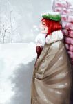  2girls bare_tree beret breath coat colored_eyelashes from_side fur_trim hat hong_meiling izayoi_sakuya laughing mittens multiple_girls open_mouth profile snow snowing tin994 touhou tree winter winter_clothes winter_coat 