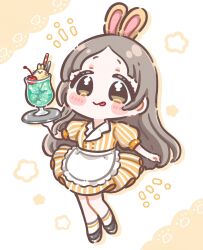  1girl :p animal_ears ankle_socks apron black_shoes blush brown_eyes brown_hair buttons chibi collared_dress commentary_request dress drink floating food forehead frilled_apron frills full_body gakuen_idolmaster highres holding holding_tray ice_cream ice_cream_float idolmaster kuramoto_china long_hair orange_dress parted_bangs pokkepocket puffy_short_sleeves puffy_sleeves rabbit_ears raised_eyebrows shoes short_eyebrows short_sleeves simple_background socks solo striped_clothes striped_dress striped_socks tareme thick_outlines tongue tongue_out tray vertical-striped_clothes vertical-striped_dress waist_apron waitress white_apron white_background white_socks 