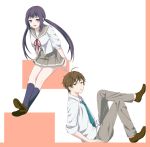  1boy 1girl anesaki_nozomi anesaki_shun black_legwear brother_and_sister low_twintails necktie official_art purple_hair school_uniform serafuku siblings skirt smile socks tetrascope twintails violet_eyes watashi_no_real_wa_juujitsu_shisugiteiru 