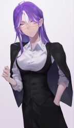  1girl black_jacket black_pants black_vest collared_shirt commentary hand_in_pocket highres indie_virtual_youtuber jacket long_hair looking_up michi_mochievee multicolored_hair ori6116 pants patchwork_skin purple_hair red_pupils shirt sleeves_rolled_up solo stitched_face stitches streaked_hair untranslatable_commentary vest virtual_youtuber white_background white_hair white_shirt yellow_eyes 