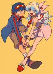  +_+ 1boy 1girl armlet blue_hair bracelet flower goggles goggles_on_head hair_flower hair_ornament holding_hands jewelry multicolored_hair nia_teppelin simon skirt skyloop19 smile tengen_toppa_gurren_lagann two-tone_hair 