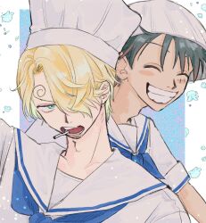  2boys ^_^ black_hair blonde_hair blue_neckerchief chef_hat cigarette clenched_teeth closed_eyes commentary_request curly_eyebrows ewokaku25 facial_hair goatee hair_over_one_eye hat highres male_focus monkey_d._luffy multiple_boys neckerchief one_piece sanji_(one_piece) scar scar_on_face short_hair teeth 