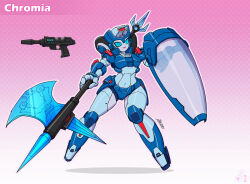  1girl blue_eyes blue_helmet chromia energy_axe gun handgun helmet humanoid_robot joints metal_skin robot robot_girl robot_joints shield solo the_transformers_(idw) transformers weapon wheel zhuyukun 