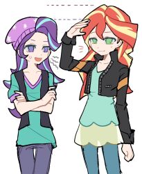  2girls :d alternate_skin_color anger_vein aqua_shirt arm_at_side arm_up bare_arms beanie black_jacket blonde_streaks blue_dress blue_pants blue_streaks breasts chinese_commentary closed_mouth collarbone collared_jacket commentary_request cowboy_shot crossed_arms curtained_hair denim double-parted_bangs dress equestria_girls:_rainbow_rocks flat_chest forehead green_eyes grey_pants hair_between_eyes hat height_difference hulianwangpingguo jacket jeans long_sleeves looking_at_another multicolored_hair multiple_girls my_little_pony my_little_pony:_equestria_girls my_little_pony:_friendship_is_magic no_pupils notice_lines official_alternate_costume open_clothes open_jacket open_mouth pants pink_hat pink_trim purple_hair see-through_clothes shirt simple_background skinny sleeveless sleeveless_jacket small_breasts smile standing star_(symbol) star_print starlight_glimmer starlight_glimmer_(equestria_girls) streaked_hair sunset_shimmer sunset_shimmer_(human) two-tone_hair v-neck violet_eyes white_background 