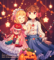  2girls :d ^_^ accurate_lolita_coord ahoge blonde_hair blue_bow blue_skirt blush bow brooch brown_hair closed_eyes commentary dav-19 doll dress egliette english_commentary fleta frilled_dress frills hair_bow hairband holding holding_doll jewelry locked_arms lolita_fashion lolita_hairband long_hair multiple_girls pink_dress pink_hairband pocket_mirror pumpkin red_bow red_eyes shirt short_hair skirt smile suspender_skirt suspenders sweet_lolita very_long_hair web_address white_shirt 
