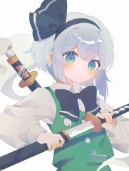  1girl absurdres black_bow black_bowtie black_hairband bow bow_hairband bowtie chinese_commentary commentary_request drawing_sword ghost_tail green_eyes green_skirt green_vest hairband highres holding holding_sword holding_weapon katana konpaku_youmu konpaku_youmu_(ghost) long_sleeves misakiii ribbon serious shirt short_hair simple_background skirt solo sword touhou upper_body vest weapon white_background white_hair white_shirt 