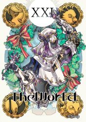  animal artist_name bilingual_commentary bow flower holding holding_flower jewelry long_sleeves mixed-language_commentary original roman_numeral simple_background sirop tarot the_world_(tarot) 