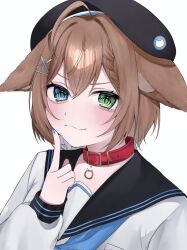  1girl :3 ahoge animal_collar animal_ear_fluff animal_ears belt_collar beret black_hat black_sailor_collar blue_eyes blue_neckerchief blush braid braided_bangs breast_pocket brown_hair cat_ears cat_girl cat_pendant collar commentary_request commission droopy_ears finger_to_cheek green_eyes hair_ornament hairclip hat heterochromia highres indie_virtual_youtuber long_sleeves looking_at_viewer michiyo_mao neckerchief pendant_collar pocket portrait puffy_long_sleeves puffy_sleeves red_collar sailor_collar school_uniform second-party_source serafuku short_hair simple_background skeb_commission spanish_commentary tamaki_sb8 v-shaped_eyebrows virtual_youtuber white_background white_serafuku x_hair_ornament 
