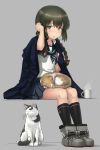  1girl adjusting_hair anchor_symbol black_eyes black_hair black_legwear blouse blue_skirt braid cat cup grey_background hair_ribbon hayashi_naoji isonami_(kantai_collection) jacket_on_shoulders kantai_collection kneehighs looking_at_viewer mug neckerchief on_lap open_mouth pleated_skirt ribbon sailor_collar school_uniform serafuku simple_background sitting skirt twin_braids winter_clothes 