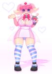 1girl artist_name audino bell blue_eyes blush bow bowtie breasts cleavage furry hat heart jingle_bell large_bow large_breasts looking_at_viewer nurse nurse_cap open_mouth panties pastelletta pokemon shadow solo striped striped_panties thigh-highs underwear 