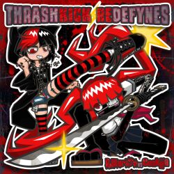  2girls absurdres album_cover animal_ears black_background black_hair black_hoodie black_shoes black_skin black_thighhighs blood blood_splatter bodypaint colored_skin cover cross cross_earrings cross_patty delinquent denim denim_shorts djkurara djkurara_various dynamic_pose earrings english_text exposed_pocket full_body highres holding holding_weapon hood hooded_jacket hoodie jacket jewelry kakusatsuko katana kicking lolita_fashion long_hair long_sleeves looking_at_another looking_at_viewer miniskirt multicolored_hair multiple_girls neckerchief painted_clothes punk red_background red_eyes red_hair red_neckerchief red_shoes red_thighhighs sandals school_uniform shoes short_hair shorts silver_earrings skirt squatting streaked_hair striped_clothes striped_thighhighs sukeban sword tattoo teeth thigh-highs weapon 