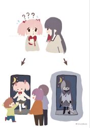  2boys 3girls ? ?? ^_^ akemi_homura akemi_homura_(magical_girl) angry_boss_with_happy_family_irasutoyas_(meme) arrow_(symbol) artist_name black_hair black_pants black_pantyhose bow bowtie brother_and_sister brown_hair brown_pants closed_eyes commentary_request crescent ekakinosakura family father_and_child father_and_daughter father_and_son green_shirt grey_sweater gun handgun highres holding holding_gun holding_weapon kaname_junko kaname_madoka kaname_tatsuya kaname_tomohisa kyubey long_hair looking_at_another looking_down magical_girl mahou_shoujo_madoka_magica mahou_shoujo_madoka_magica_(anime) meme mitakihara_school_uniform mother_and_child mother_and_daughter mother_and_son multiple_boys multiple_girls night orange_sweater pants pantyhose parent_and_child pink_hair purple_hair purple_skirt red_bow red_bowtie running school_uniform shirt short_twintails siblings skirt smile sweater twintails weapon 
