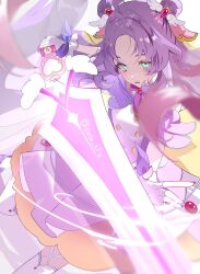  1girl akechi_anna answer_hanamaru_sword blue_eyes capelet commentary_request cure_answer dress glove_bow glove_ribbon glowing glowing_eyes highres holding holding_sword holding_weapon huge_weapon long_hair looking_at_viewer meitantei_precure! natadekoko_(nata_hfa) parted_lips precure purple_capelet purple_dress purple_hair solo sword thigh-highs very_long_hair weapon white_thighhighs 