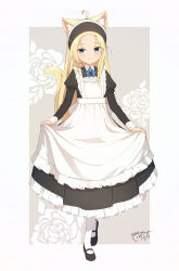  1girl ahoge animal_ear_fluff animal_ears apron black_dress black_shoes blonde_hair blue_eyes blue_ribbon blush border cat_ears cat_girl cat_tail closed_mouth collared_dress commentary_request coreytaiyo curtsey dress floral_background flying_sweatdrops forehead frilled_apron frilled_dress frills full_body grey_background highres holding_own_dress juliet_sleeves long_hair long_sleeves looking_at_viewer maid maid_apron maid_headdress mary_janes neck_ribbon original outside_border pantyhose puffy_sleeves ribbon shoes signature smile socks solo standing tail very_long_hair white_apron white_border white_pantyhose white_socks 