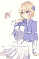  1girl absurdres alternate_hairstyle blonde_hair blue_capelet capelet commentary_request hair_ornament heaven_burns_red highres kayamori_ruka puyopiku red_eyes shirakawa_yuina shirt short_hair skirt star_(symbol) white_shirt white_skirt 