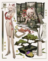  1girl arknights bare_shoulders bonsai chair china_dress chinese_clothes colored_extremities commentary desk dragon_girl dragon_horns dragon_tail dress food fruit high_heels highres holding horns looking_at_viewer multiple_views nian_(arknights) on_chair pointy_ears potettoe side_slit sitting sleeveless sleeveless_dress standing tail white_dress white_hair 
