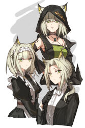  1girl animal_ear_fluff animal_ears apron arknights bare_shoulders black_choker black_dress black_gloves black_jacket bow bowtie breasts brown_choker butler cat_ears cat_girl choker closed_mouth collared_shirt criss-cross_halter cropped_torso detached_sleeves dress dress_shirt ears_through_headwear formal_clothes frills gloves green_dress green_eyes green_hair grey_background hair_ribbon half_gloves halterneck highres hood hood_up hooded_jacket jacket juliet_sleeves kal'tsit_(advisor)_(arknights) kal'tsit_(arknights) kal'tsit_(formal)_(arknights) kal'tsit_(maid)_(arknights) long_sleeves looking_at_viewer low_ponytail mabing maid maid_apron maid_headdress material_growth medium_hair multiple_views official_alternate_costume official_alternate_hairstyle open_clothes open_jacket oripathy_lesion_(arknights) ponytail puffy_sleeves ribbon shirt short_hair simple_background suit tuxedo upper_body vest white_apron white_background white_bow white_bowtie white_shirt 