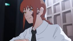  1girl black_necktie blood blood_on_face braid braided_ponytail chainsaw_man closed_mouth collared_shirt exit_sign highres jujutsu_kaisen light_smile long_hair makima_(chainsaw_man) muoi_art necktie parody red_hair ringed_eyes scene_reference shirt sidelocks solo white_shirt yellow_eyes 