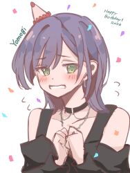 1girl bang_dream! bang_dream!_our_notes birthday black_choker black_dress blush choker commentary_request dress green_eyes happy_birthday highres jewelry long_hair long_sleeves looking_at_viewer medium_hair o-ring o-ring_choker off-shoulder_dress off_shoulder open_mouth salted_butter_m shirt simple_background solo teeth wolf_cut yakura_yomogi 