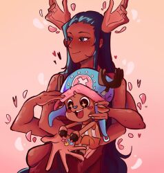  1boy 1girl antlers blue_eyes blush blush_stickers candy carrying carrying_person commentary cross extra_arms food hair_slicked_back hat holding holding_candy holding_food hood horns inafallsaway long_hair mole nico_robin one_piece open_mouth petals pink_hat pink_petals reindeer_antlers shirt sidelocks smile striped_clothes striped_shirt tony_tony_chopper vertical-striped_clothes vertical-striped_shirt 