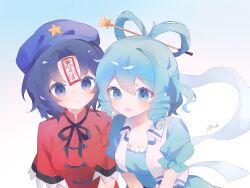  2girls absurdres artist_name black_ribbon blue_background blue_eyes blue_hair blue_shirt blue_skirt breasts chisel closed_mouth collared_vest commentary_request drill_hair drill_sidelocks feixianji_(hairstyle) gradient_background hagoromo hair_rings hat hat_ornament highres kaku_seiga leaning_forward medium_breasts misakiii miyako_yoshika multiple_girls neck_ribbon ofuda ofuda_on_head open_clothes open_vest parted_lips purple_hair purple_hat red_shirt ribbon shawl shirt short_hair short_sleeves sidelocks skirt star_(symbol) star_hat_ornament touhou vest white_vest 