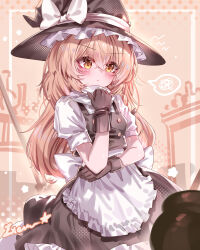  1girl absurdres apron back_bow black_gloves black_hat black_skirt black_vest blonde_hair blush bow breasts broom cauldron chinese_commentary closed_mouth commentary_request gloves hair_between_eyes hat hat_bow highres kirisame_marisa long_hair puffy_short_sleeves puffy_sleeves short_sleeves signature skirt small_breasts solo spoken_squiggle squiggle top-exerou touhou very_long_hair vest waist_apron white_apron white_bow witch_hat yellow_eyes 
