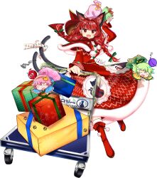  1girl alternate_costume animal_ears boots border box braid capelet cart cat_ears cat_girl christmas dress full_body fur-trimmed_capelet fur-trimmed_dress fur_trim game_asset gift gift_box highres kaenbyou_rin komeiji_koishi komeiji_satori looking_at_viewer non-web_source official_art paw_print platform_truck pushing_cart red_boots red_capelet red_dress red_eyes red_hair rotte_(1109) round_border santa_costume smile solo third-party_source touhou touhou_lostword transparent_background twin_braids 