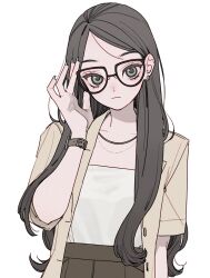  1girl adjusting_eyewear black-framed_eyewear bom_(gbombom7) brown_jacket brown_skirt collarbone commentary earrings expressionless glasses grey_eyes grey_hair highres jacket jewelry long_hair looking_at_viewer necklace open_clothes open_jacket original shirt skirt solo untranslatable_commentary watch watch white_shirt 