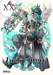  artist_name bilingual_commentary english_text feathered_wings full_body holding horns judgement_(tarot) mixed-language_commentary original roman_numeral simple_background sirop tarot wings 