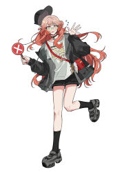  1girl absurdres arknights baseball_cap black_choker black_hat black_jacket black_mask black_shorts black_socks blush chinese_commentary choker commentary_request flying_sweatdrops full_body glasses grey_shoes hands_up haruka_(arknights) haruka_(casual)_(arknights) hat highres holding holding_sign jacket long_hair long_sleeves looking_at_viewer mask mask_pull mouth_mask mowang_xiao_lajiao o-ring o-ring_choker official_alternate_costume open_clothes open_hand open_jacket open_mouth orange_hair photo-referenced pointy_ears print_shirt round_eyewear shirt shoes shorts sign simple_background socks solo standing standing_on_one_leg t-shirt white_background white_shirt x_(symbol) 