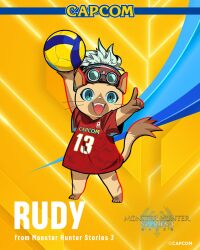  animal animal_ears ball blue_eyes capcom cat cat_ears cat_tail clothed_animal highres holding holding_ball monster_hunter_(series) monster_hunter_stories_3:_twisted_reflection official_art open_mouth rudy_(monster_hunter) shirt smile sportswear tail volleyball volleyball_(object) volleyball_uniform 