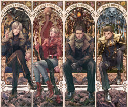  1girl 3boys absurdres belt blonde_hair blue_jacket blue_shirt boots brown_hair chris_redfield claire_redfield commentary creature crossed_legs elbow_rest english_commentary full_body fur_trim gold_jacket gold_trim head_tilt highres imagine_(imagine7243618) jacket leon_s._kennedy licker_(resident_evil) looking_at_viewer monster multiple_boys piers_nivans red_jacket resident_evil resident_evil_2 resident_evil_6 resident_evil_village shirt short_hair sitting skull throne tongue tongue_out white_shirt 