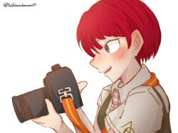  1girl blush camera collared_shirt danganronpa_(series) danganronpa_2:_goodbye_despair dress freckles from_side green_dress green_eyes highres holding holding_camera koizumi_mahiru necktie pale_skin red_hair shirt short_hair signature strap white_background yoshiwodesuwa5 