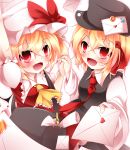  2girls ascot bag blonde_hair dress flandre_scarlet frills hat highres kuroyume_(dark495) letters long_sleeves mob_cap multiple_girls necktie puffy_short_sleeves puffy_sleeves red_eyes ribbon rumia shirt short_sleeves touhou vest white_shirt wings 