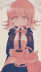  1girl animal_bag blush breasts brown_hair cat_bag collared_shirt danganronpa_(series) danganronpa_2:_goodbye_despair eyelashes handheld_game_console highres holding holding_handheld_game_console hood hood_down hooded_jacket jacket long_sleeves medium_hair nanami_chiaki oishiitigo open_clothes open_jacket open_mouth pink_eyes shirt sitting solo 