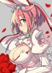  1girl breasts bust cleavage earrings elphelt_valentine from_side green_eyes grey_background guilty_gear guilty_gear_xrd hairband hirasato jewelry looking_at_viewer pink_hair puffy_sleeves revision short_hair smile solo spikes veil 