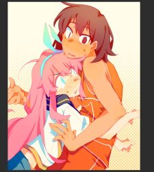  1boy 1girl alternate_eye_color aubrey_(faraway)_(omori) aubrey_(omori) blue_eyes blush brown_eyes brown_hair chinese_commentary commentary dark-skinned_male dark_skin double-parted_bangs hair_between_eyes huasuan69416 jacket kel_(faraway)_(omori) kel_(omori) long_hair long_sidelocks looking_at_another omori open_mouth parted_lips pink_hair short-sleeved_jacket short_hair short_sleeves sidelocks sweat unfinished 