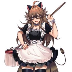  1girl ahoge angry animal_ears bird_girl bird_tail black_dress black_thighhighs brown_feathers brown_hair cat_ears choker dress feather_hair feathers frilled_choker frilled_wrist_cuffs frills grey_eyes hair_between_eyes hair_intakes hand_on_own_hip heterochromia indie_virtual_youtuber kumi_(vtuber) kyaree long_hair looking_at_viewer maid mop open_mouth pointy_ears scar scar_across_eye scar_on_face solo standing tail thigh-highs thighs virtual_youtuber white_background wrist_cuffs 