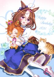  1girl @_@ absurdres ahoge animal_ears bag blush breasts brown_hair cat character_doll commentary_request crown doll double-parted_bangs ear_ribbon gloves hair_between_eyes hairband happy_birthday headband highres holding holding_doll horse_ears horse_girl horse_tail long_sleeves meisho_doto_(turbulent_blue)_(umamusume) meisho_doto_(umamusume) meto_(cat) mini_crown mokuroo multicolored_hair open_mouth orange_hair pantyhose pink_crown pink_hairband pink_headband shirt short_hair shoulder_bag skirt smile t.m._opera_o_(o_sole_suo!)_(umamusume) t.m._opera_o_(umamusume) tail two-tone_hair umamusume violet_eyes white_gloves white_hair white_pantyhose white_shirt 