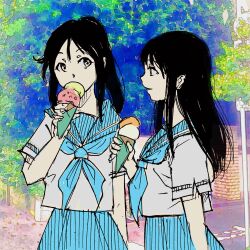  2girls black_hair blue_bow blue_skirt bow commentary eating english_commentary food hibike!_euphonium highres holding holding_food holding_ice_cream ice_cream kasaki_nozomi kita_high_school_uniform kitauji_high_school_uniform liz_to_aoi_tori long_hair looking_at_another multiple_girls open_mouth ponytail school_uniform sketch skirt standing summer_uniform tatsuya1227 yoroizuka_mizore yuri 