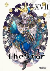  bilingual_commentary card english_text flower full_body jewelry long_sleeves looking_at_viewer mixed-language_commentary original roman_numeral simple_background sirop tarot tarot_card the_star_(tarot) wide_sleeves 