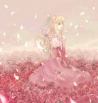  blonde_hair blue_eyes claire_bennett dress flower kneeling long_hair petals pink red_dress red_rose rose saintpaulia solo tales_of_(series) tales_of_rebirth 