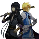  armor black_eyes black_hair blonde_hair blue_eyes bracelet flynn_scifo jewelry long_hair male multiple_boys nanamura over_shoulder ready_to_draw red_eyes sheath sheathed sleeves_folded_up smile sword tales_of_(series) tales_of_vesperia weapon weapon_over_shoulder white_background yuri_lowell 