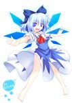  :d ai_takurou bad_feet barefoot blue_eyes blue_hair bow cirno fang feet hair_bow looking_at_viewer open_mouth outstretched_arms short_hair smile solo spread_arms touhou 