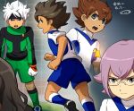  5boys brown_hair glasses gloves goalkeeper head_out_of_frame headband ibuki_munemasa inazuma_eleven_(series) inazuma_eleven_go inazuma_eleven_go_galaxy male manabe_jin&#039;ichirou matatagi_hayato matsukaze_tenma mizuhara_aki multiple_boys open_mouth shindou_takuto shinsei_inazuma_japan soccer_uniform white_hair 