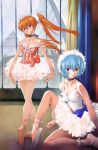  ayanami_rei ballerina ballet ballet_slippers bare_legs bare_shoulders blue_hair breasts choker cleavage dress frills hairband highres legs long_hair multiple_girls neon_genesis_evangelion orange_hair red_eyes sadamoto_yoshiyuki shoe_ribbon short_hair sitting smile souryuu_asuka_langley strap_slip tiara tutu twintails 