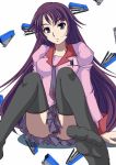  blue_eyes feet long_hair monogatari_(series) necktie purple_hair ranshin school_uniform senjougahara_hitagi skirt solo stapler stationery thigh-highs thighhighs 