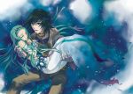  1girl aipheion aqua_hair black_hair blue_background carrying closed_eyes couple dress forehead gloves goggles hair_ornament hisui_hearts long_hair princess_carry richea_spodune sleeping tales_of_(series) tales_of_hearts underwater white_dress 