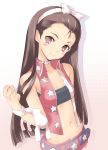  bare_shoulders belt blush brown_hair bunny choker cool_&amp;_sexy_(idolmaster) flat_chest hair_ribbon hairband head_tilt highres idolmaster kawata_hisashi long_hair looking_at_viewer midriff minase_iori rabbit red_eyes ribbon smile solo stuffed_animal stuffed_toy tubetop 